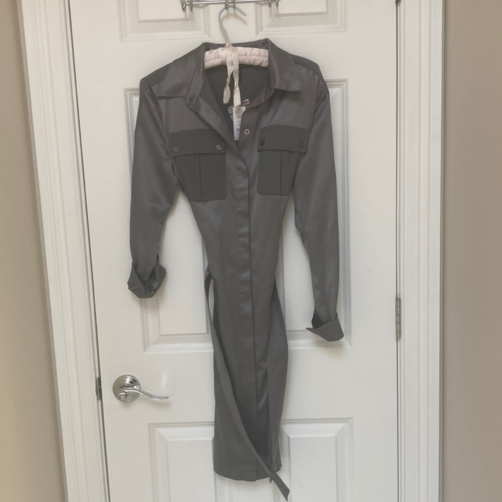 NWT White House Black Market Silver Satin Shirt Dress